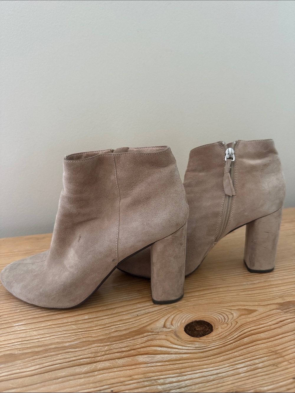 Saks Fifth Avenue Taupe Suede Block Heel Ankle Boots